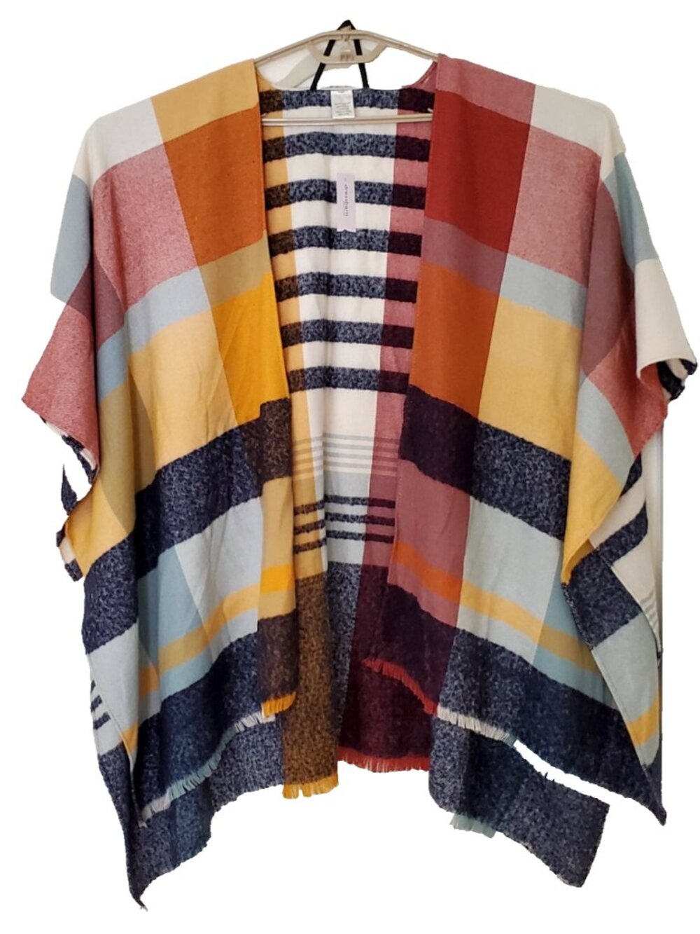 Boho Gypsy Poncho Womens Yellow Blue Check Plaid Blanket Cape One Size New